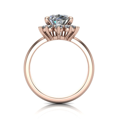 Matilda oval halo engagement ring in 18K Rose Gold, through-finger front profile showing the sunburst halo head and tall crown cathedral basket