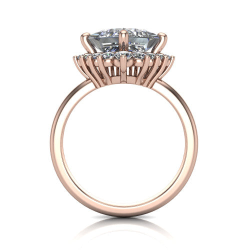 Matilda princess halo engagement ring in 18K Rose Gold, through-finger front profile showing the sunburst halo head and tall crown cathedral basket
