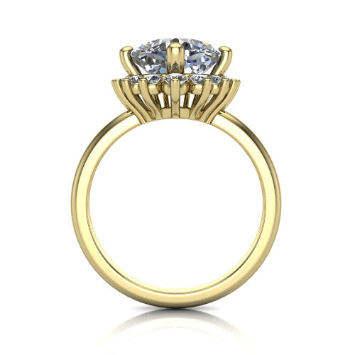 Matilda cushion halo engagement ring in 14K Yellow Gold, side profile showing the fluted crown basket, sunburst halo, and slim polished band