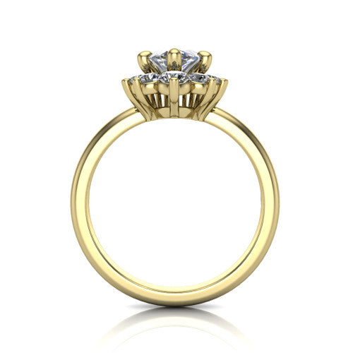 Matilda marquise halo engagement ring in 14K Yellow Gold, through-finger front profile showing the sunburst halo head and tall crown cathedral basket