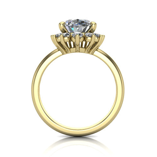 Matilda oval halo engagement ring in 18K Yellow Gold, through-finger front profile showing the sunburst halo head and tall crown cathedral basket