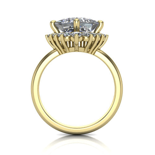 Matilda princess halo engagement ring in 14K Yellow Gold, through-finger front profile showing the sunburst halo head and tall crown cathedral basket