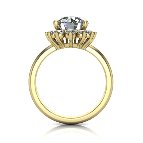 Matilda round halo engagement ring in 14K Yellow Gold, through-finger front profile showing the sunburst halo head and tall crown cathedral basket
