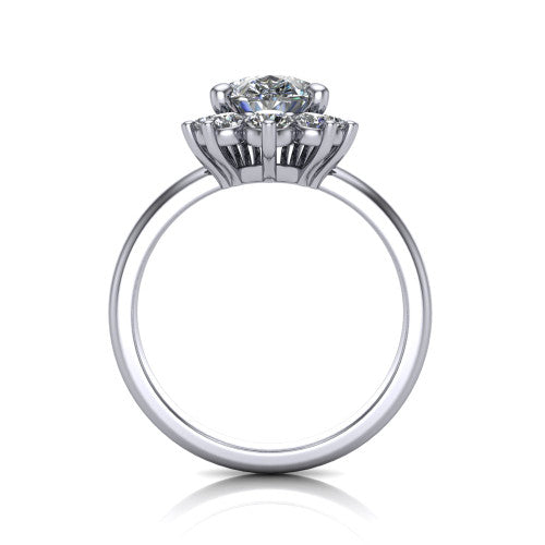 Matilda pear halo engagement ring in 14K White Gold, through-finger front profile showing the sunburst halo head and tall crown cathedral basket