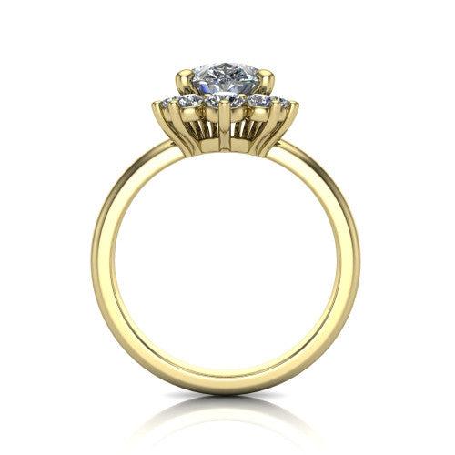 Matilda pear halo engagement ring in 14K Yellow Gold, through-finger front profile showing the sunburst halo head and tall crown cathedral basket