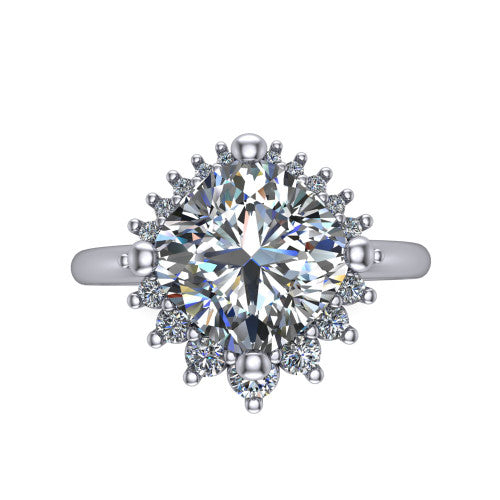 Matilda cushion halo engagement ring in Platinum, top-down view showing the brilliant cushion-cut center diamond surrounded by sunburst rays and clusters of small round accent diamonds