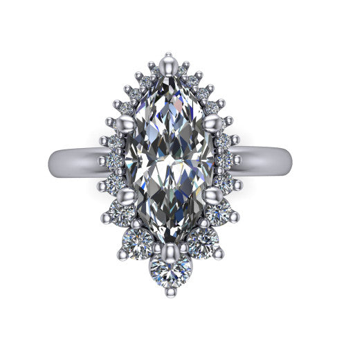 Matilda marquise halo engagement ring in Platinum, top-down view showing the brilliant marquise center diamond surrounded by sunburst rays and clusters of small round accent diamonds