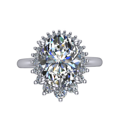 Matilda oval halo engagement ring in Platinum, top-down view showing the brilliant oval center diamond surrounded by sunburst rays and clusters of small round accent diamonds