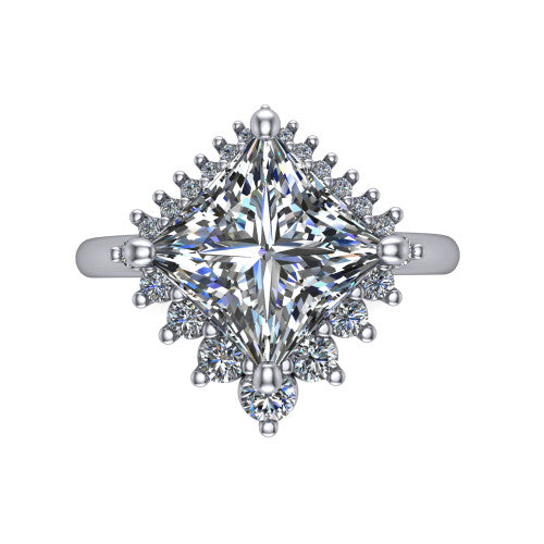 Matilda princess halo engagement ring in Platinum, top-down view showing the kite-set brilliant princess center diamond surrounded by sunburst rays and clusters of small round accent diamonds