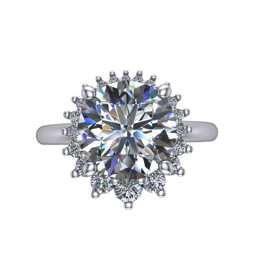 Matilda round halo engagement ring in 14K White Gold, top-down view showing the brilliant round center diamond surrounded by sunburst rays and clusters of small round accent diamonds