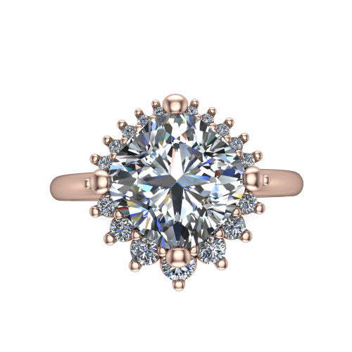 Matilda cushion halo engagement ring in 14K Rose Gold, top-down view showing the brilliant cushion-cut center diamond surrounded by sunburst rays and clusters of small round accent diamonds