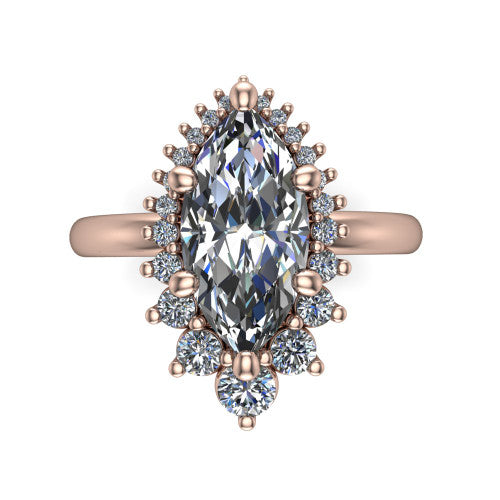 Matilda marquise halo engagement ring in 14K Rose Gold, top-down view showing the brilliant marquise center diamond surrounded by sunburst rays and clusters of small round accent diamonds