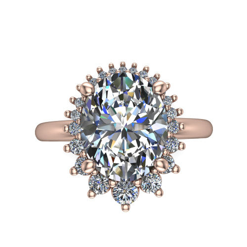 Matilda oval halo engagement ring in 18K Rose Gold, top-down view showing the brilliant oval center diamond surrounded by sunburst rays and clusters of small round accent diamonds