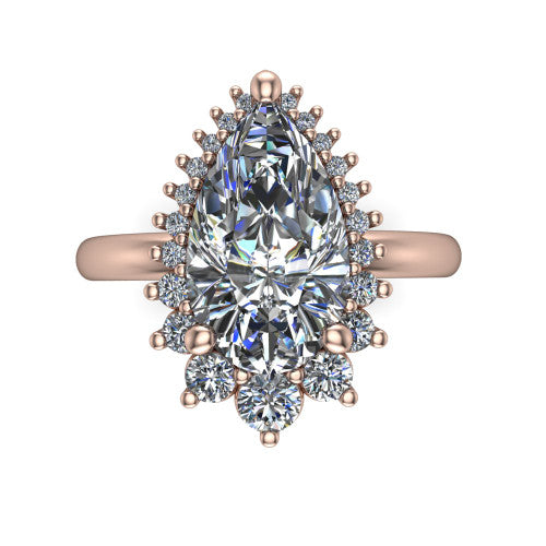 Matilda pear halo engagement ring in 14K Rose Gold, top-down view showing the brilliant pear-cut center diamond surrounded by sunburst rays and clusters of small round accent diamonds