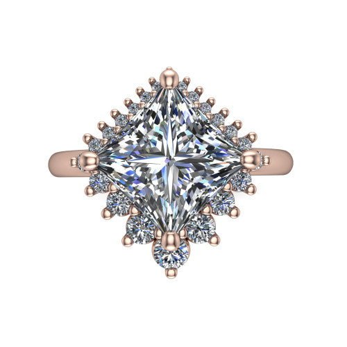 Matilda princess halo engagement ring in 18K Rose Gold, top-down view showing the kite-set brilliant princess center diamond surrounded by sunburst rays and clusters of small round accent diamonds