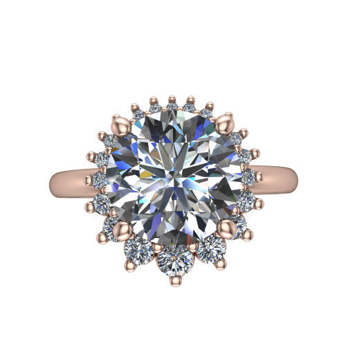 Matilda round halo engagement ring in 18K Rose Gold, through-finger front profile showing the sunburst halo head and tall crown cathedral basket
