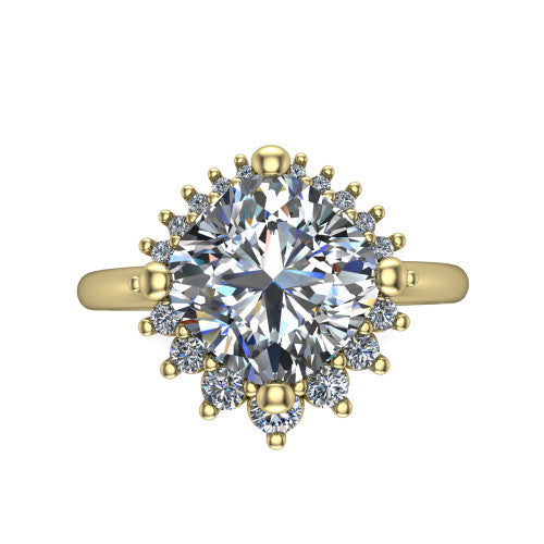 Matilda cushion halo engagement ring in 18K Yellow Gold, top-down view showing the brilliant cushion-cut center diamond surrounded by sunburst rays and clusters of small round accent diamonds