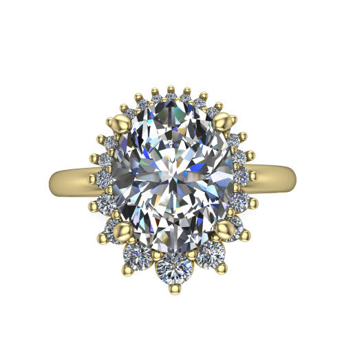 Matilda oval halo engagement ring in 18K Yellow Gold, top-down view showing the brilliant oval center diamond surrounded by sunburst rays and clusters of small round accent diamonds