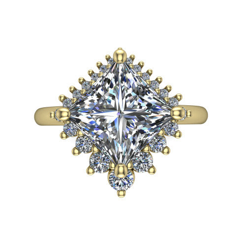 Matilda princess halo engagement ring in 18K Yellow Gold, top-down view showing the kite-set brilliant princess center diamond surrounded by sunburst rays and clusters of small round accent diamonds