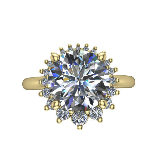 Matilda round halo engagement ring in 14K Yellow Gold, top-down view showing the brilliant round center diamond surrounded by sunburst rays and clusters of small round accent diamonds