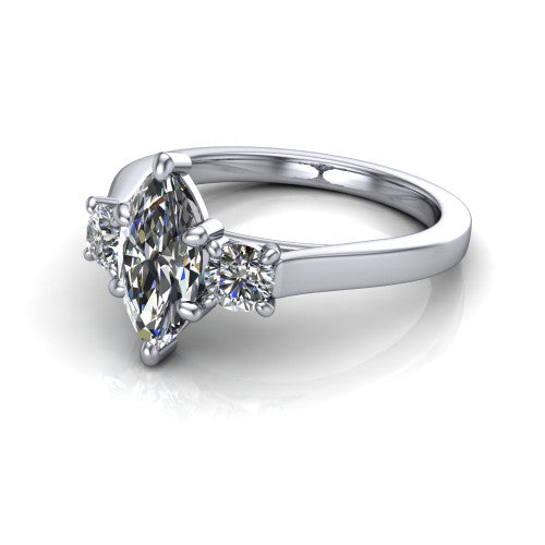 Olivia marquise three stone engagement ring in Platinum, three-quarter perspective showing the brilliant marquise center diamond flanked by two round side diamonds on a squared flat-top shank