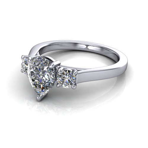 Olivia pear three stone engagement ring in 14K White Gold, three-quarter perspective showing the brilliant pear-cut center diamond flanked by two round side diamonds on a squared flat-top shank