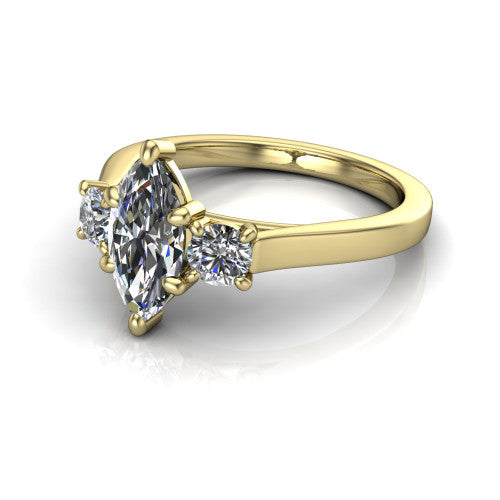 Olivia marquise three stone engagement ring in 14K Yellow Gold, three-quarter perspective showing the brilliant marquise center diamond flanked by two round side diamonds on a squared flat-top shank