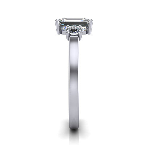 Olivia emerald three stone engagement ring in 18K White Gold, side profile showing the squared flat-top shank and three-stone head