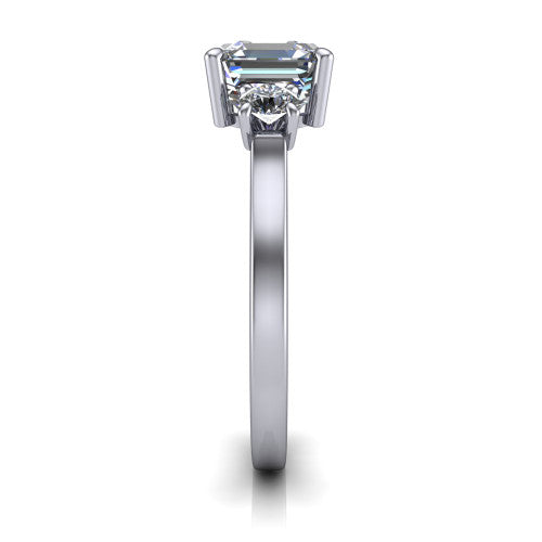 Olivia square emerald three stone engagement ring in 14K White Gold, side profile showing the squared flat-top shank and three-stone head