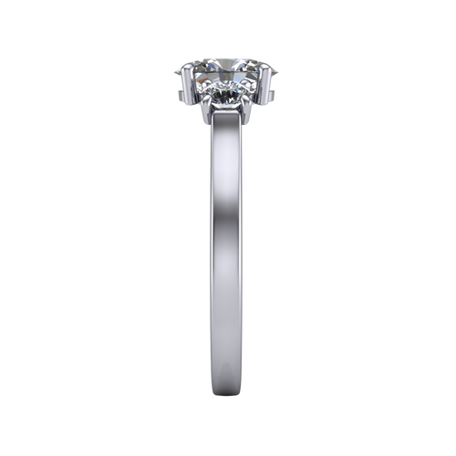 Olivia oval three stone engagement ring in Platinum, side profile showing the squared flat-top shank and three-stone head