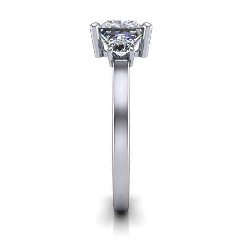 Olivia princess three stone engagement ring in 14K White Gold, side profile showing the squared flat-top shank and three-stone head