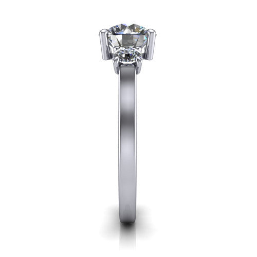 Olivia round three stone engagement ring in 14K White Gold, side profile showing the squared flat-top shank and three-stone head