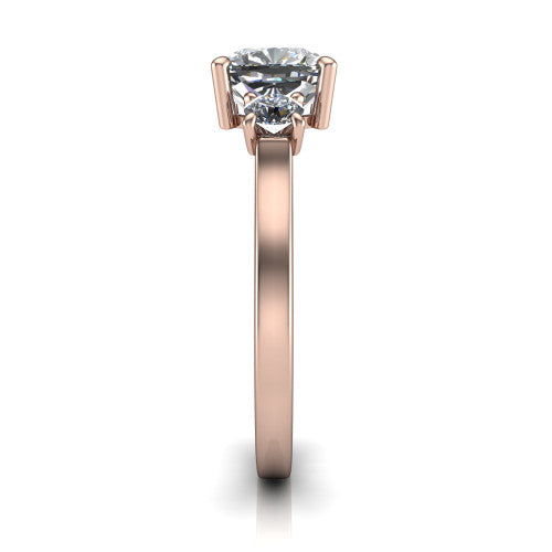 Olivia cushion three stone engagement ring in 14K Rose Gold, side profile showing the squared flat-top shank and three-stone head