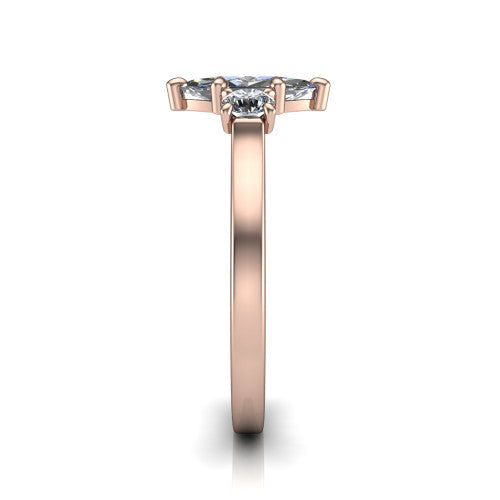 Olivia marquise three stone engagement ring in 14K Rose Gold, side profile showing the squared flat-top shank and three-stone head