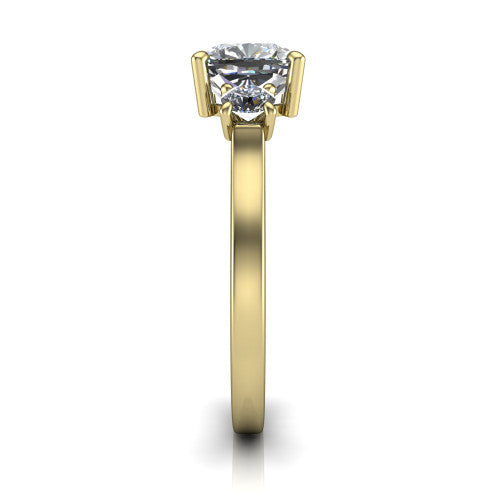 Olivia cushion three stone engagement ring in 14K Yellow Gold, side profile showing the squared flat-top shank and three-stone head