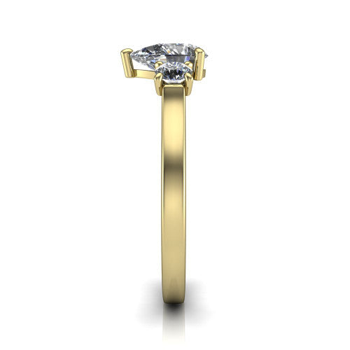 Olivia pear three stone engagement ring in 14K Yellow Gold, side profile showing the squared flat-top shank and three-stone head
