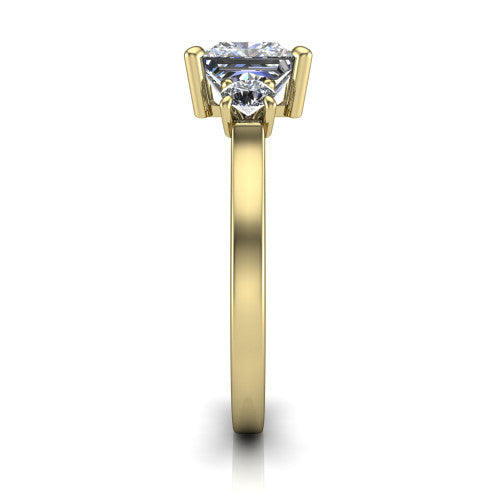 Olivia princess three stone engagement ring in 14K Yellow Gold, side profile showing the squared flat-top shank and three-stone head