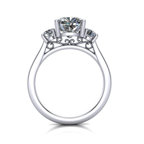Olivia cushion three stone engagement ring in 14K White Gold, through-finger front profile showing the three-stone head and floral scroll under-gallery