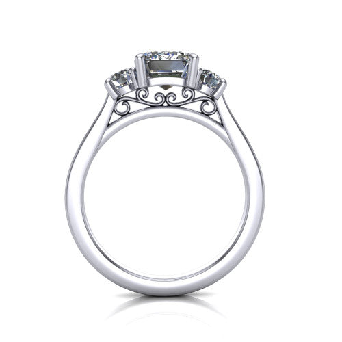 Olivia emerald three stone engagement ring in 14K White Gold, through-finger front profile showing the three-stone head and floral scroll under-gallery
