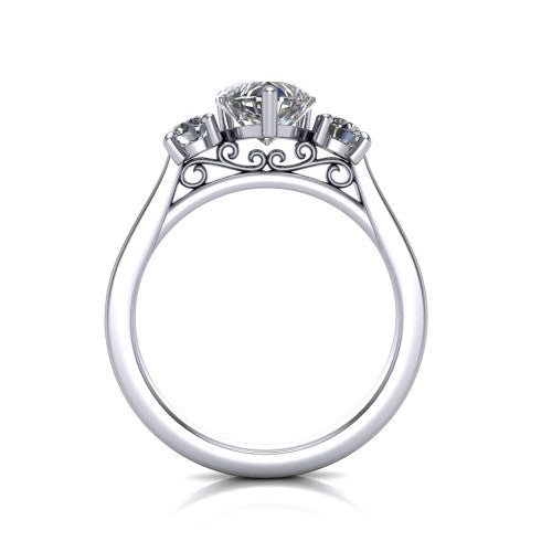 Olivia heart three stone engagement ring in 14K White Gold, through-finger front profile showing the three-stone head and floral scroll under-gallery