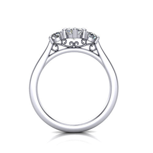 Olivia marquise three stone engagement ring in Platinum, through-finger front profile showing the three-stone head and floral scroll under-gallery