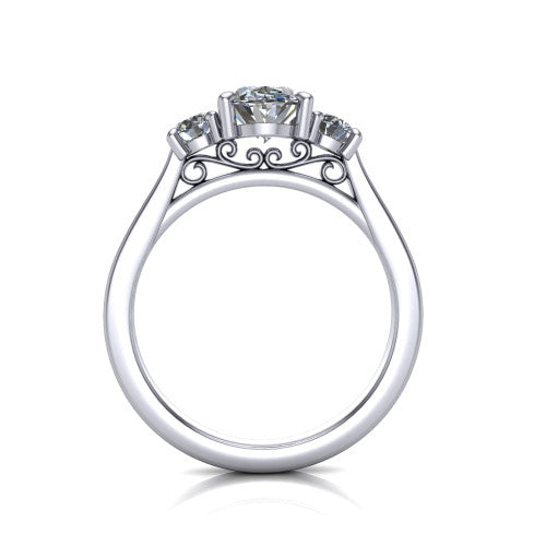 Olivia oval three stone engagement ring in Platinum, through-finger front profile showing the three-stone head and floral scroll under-gallery