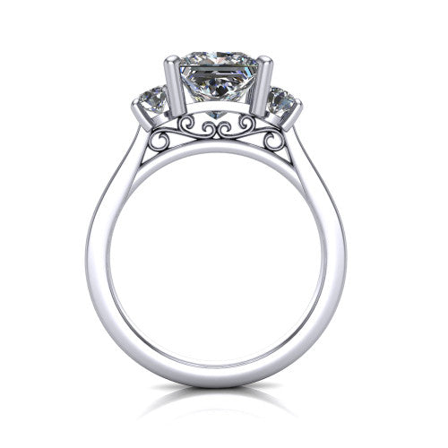 Olivia princess three stone engagement ring in 14K White Gold, through-finger front profile showing the three-stone head and floral scroll under-gallery