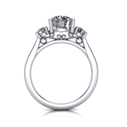 Olivia round three stone engagement ring in 18K White Gold, through-finger front profile showing the three-stone head and floral scroll under-gallery