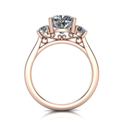 Olivia cushion three stone engagement ring in 14K Rose Gold, through-finger front profile showing the three-stone head and floral scroll under-gallery