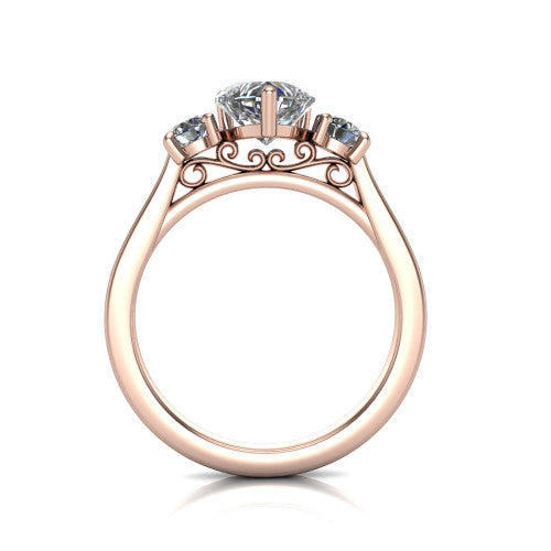 Olivia heart three stone engagement ring in 18K Rose Gold, through-finger front profile showing the three-stone head and floral scroll under-gallery
