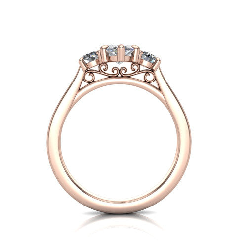 Olivia marquise three stone engagement ring in 18K Rose Gold, through-finger front profile showing the three-stone head and floral scroll under-gallery