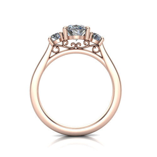 Olivia oval three stone engagement ring in 18K Rose Gold, through-finger front profile showing the three-stone head and floral scroll under-gallery