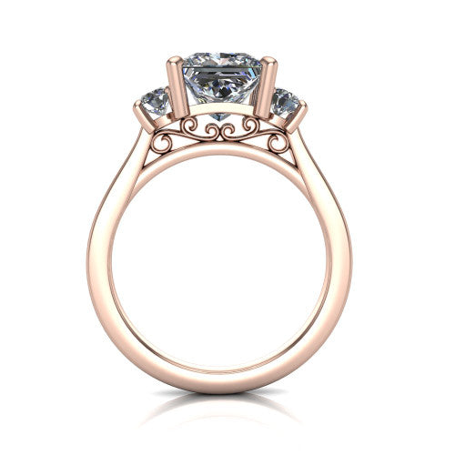 Olivia princess three stone engagement ring in 14K Rose Gold, through-finger front profile showing the three-stone head and floral scroll under-gallery