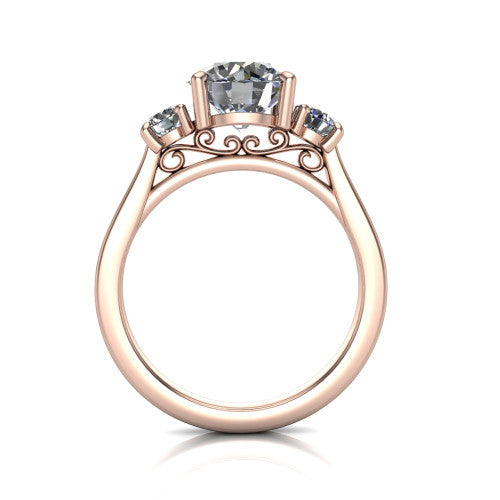 Olivia round three stone engagement ring in 14K Rose Gold, through-finger front profile showing the three-stone head and floral scroll under-gallery